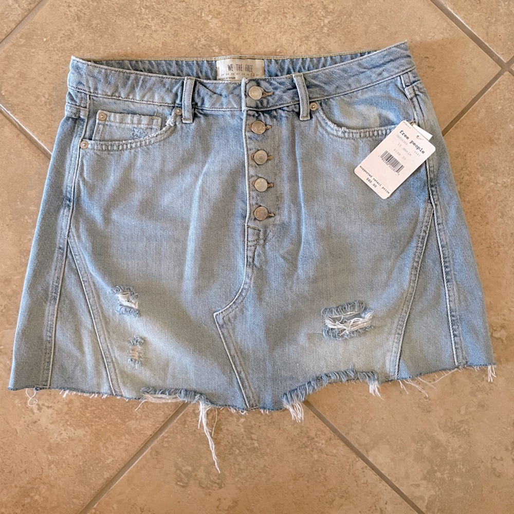 Free People Light Blue Button Fly Distressed Denim Skirt